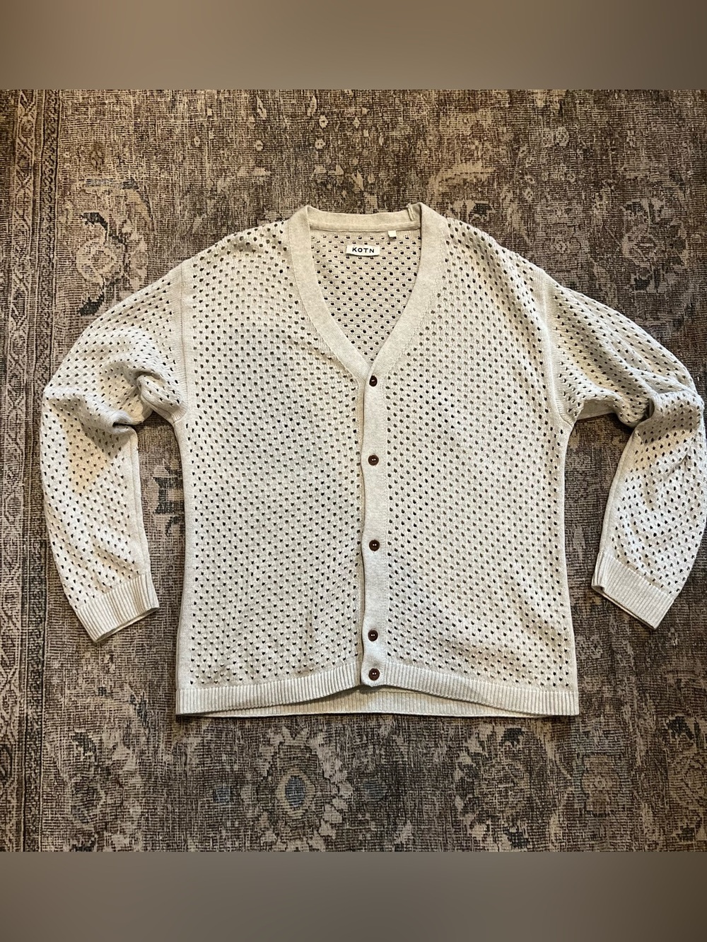 KOTN 100% Cotton Open Knit Mina Cardigan Sweater Neutral Beige Medium